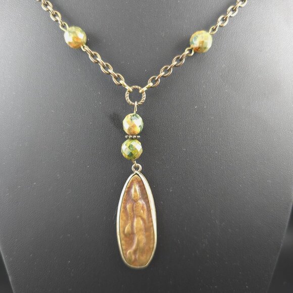 Vntg Tibetan Walking Buddha Amulet Necklace 2 Side Pendant 22" Long Green Stones - Picture 2 of 10